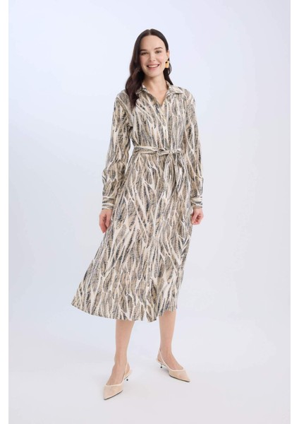 Regular Fit Desenli V Yaka Kuşaklı Uzun Kollu Maxi Elbise E0784AX25SP