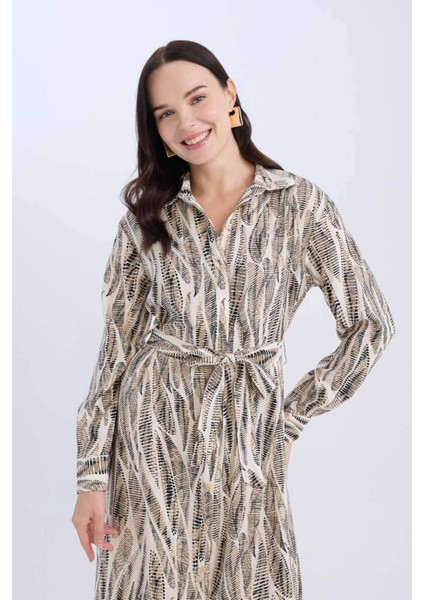 Regular Fit Desenli V Yaka Kuşaklı Uzun Kollu Maxi Elbise E0784AX25SP