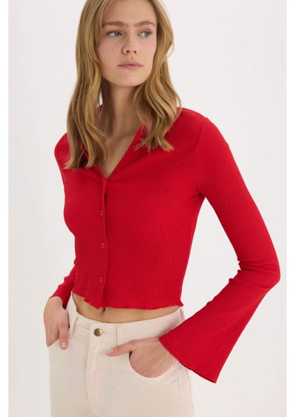 Coool Fitted Basic Düz Bürümcük Uzun Kollu Crop Gömlek A0012AX25SP