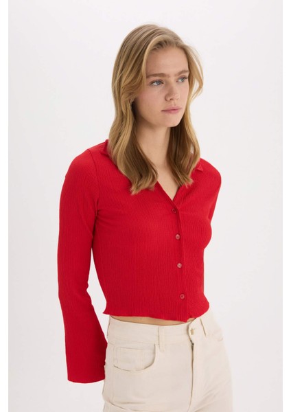 Coool Fitted Basic Düz Bürümcük Uzun Kollu Crop Gömlek A0012AX25SP