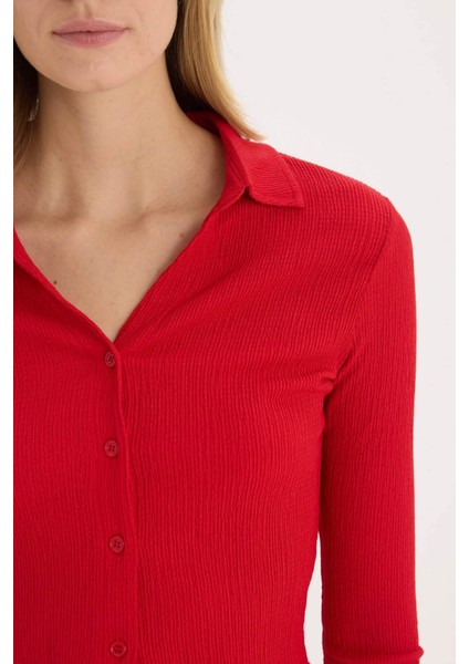 Coool Fitted Basic Düz Bürümcük Uzun Kollu Crop Gömlek A0012AX25SP