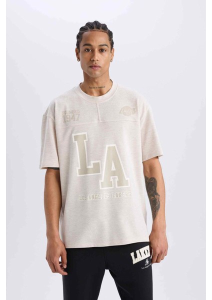 Fit NBA Los Angeles Lakers Oversize Geniş Kalıp Bisiklet Yaka Kısa Kollu Pike Tişört D8551AX25SP