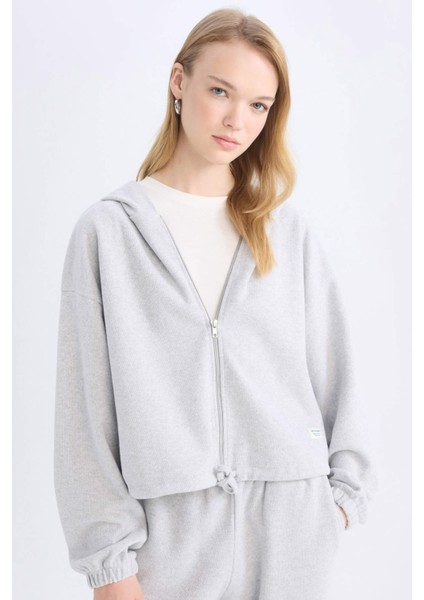 Coool Loose Fit Basic Düz Kapüşonlu Fermuarlı Sweatshirt E1464AX24WN