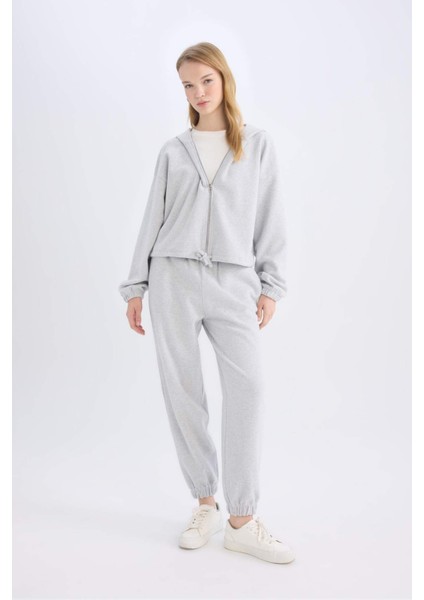 Coool Loose Fit Basic Düz Kapüşonlu Fermuarlı Sweatshirt E1464AX24WN