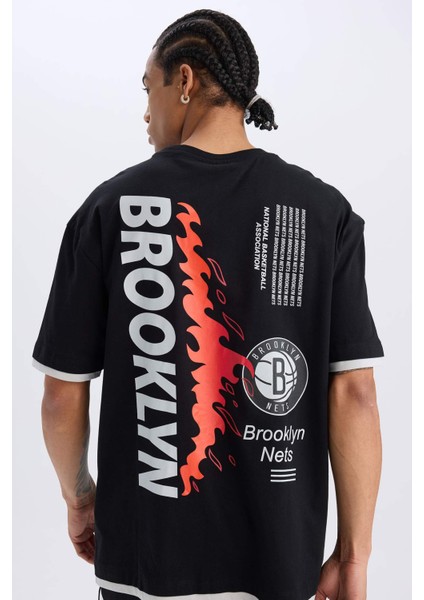 Fit NBA Brooklyn Nets Oversize Geniş Kalıp Bisiklet Yaka Sırt Baskılı Kısa Kollu Tişört D6562AX25SP