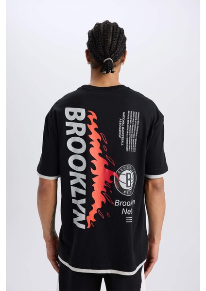 Fit NBA Brooklyn Nets Oversize Geniş Kalıp Bisiklet Yaka Sırt Baskılı Kısa Kollu Tişört D6562AX25SP