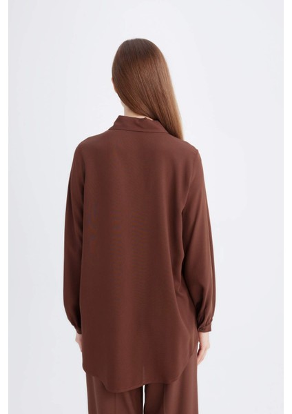 Regular Fit Basic Düz Viskon Uzun Kollu Gömlek Tunik D2613Ax24Au