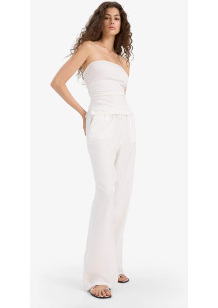Wide Leg Çift Cepli Beli Lastikli Standart Boy Keten Karışımlı Beyaz Pantolon E1981AX25SM