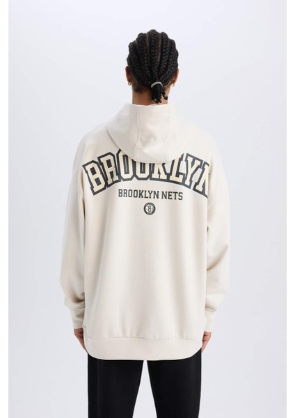 NBA Brooklyn Nets Oversize Geniş Kalıp Kapüşonlu Sırt Baskılı Skuba Dalgıç Kumaş Sweatshirt D6711AX25SP