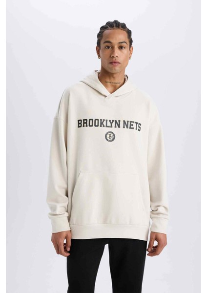 NBA Brooklyn Nets Oversize Geniş Kalıp Kapüşonlu Sırt Baskılı Skuba Dalgıç Kumaş Sweatshirt D6711AX25SP