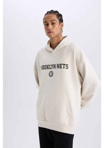 NBA Brooklyn Nets Oversize Geniş Kalıp Kapüşonlu Sırt Baskılı Skuba Dalgıç Kumaş Sweatshirt D6711AX25SP