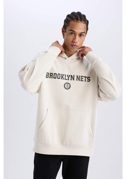 NBA Brooklyn Nets Oversize Geniş Kalıp Kapüşonlu Sırt Baskılı Skuba Dalgıç Kumaş Sweatshirt D6711AX25SP