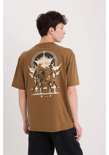 %100 Pamuk Boxy Fit Bisiklet Yaka Sırt Baskılı Kısa Kollu Tişört