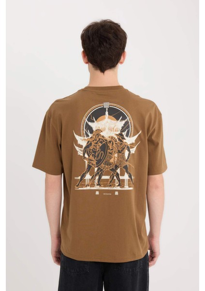 %100 Pamuk Boxy Fit Bisiklet Yaka Sırt Baskılı Kısa Kollu Tişört