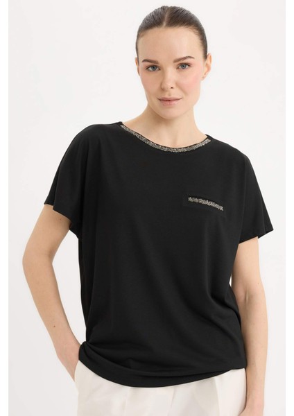 Bisiklet Yaka Baskılı Siyah Kısa Kollu Tişört K7701AZ25SP