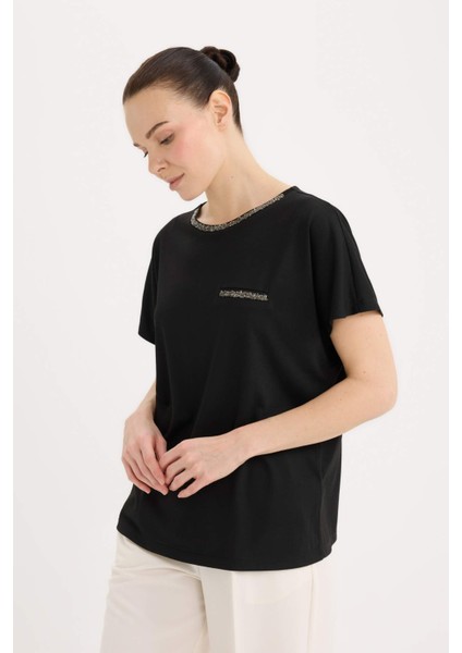 Bisiklet Yaka Baskılı Siyah Kısa Kollu Tişört K7701AZ25SP