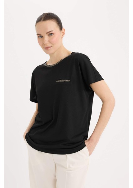 Bisiklet Yaka Baskılı Siyah Kısa Kollu Tişört K7701AZ25SP