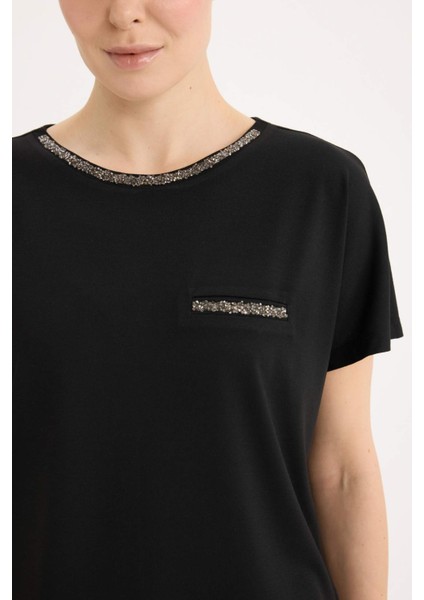 Bisiklet Yaka Baskılı Siyah Kısa Kollu Tişört K7701AZ25SP