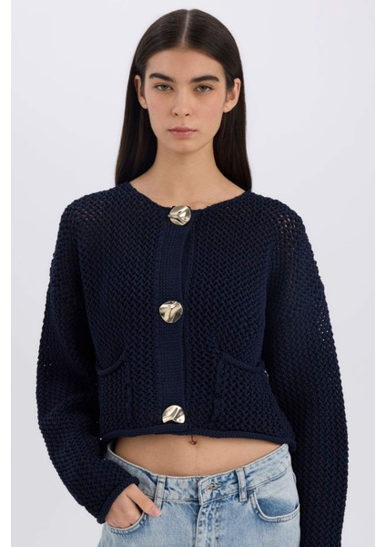 Relax Fit Bisiklet Yaka Düğmeli Örgü Desenli Triko Hırka E1962AX24WN