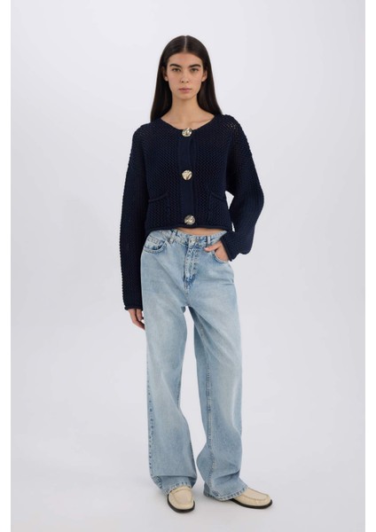 Relax Fit Bisiklet Yaka Düğmeli Örgü Desenli Triko Hırka E1962AX24WN