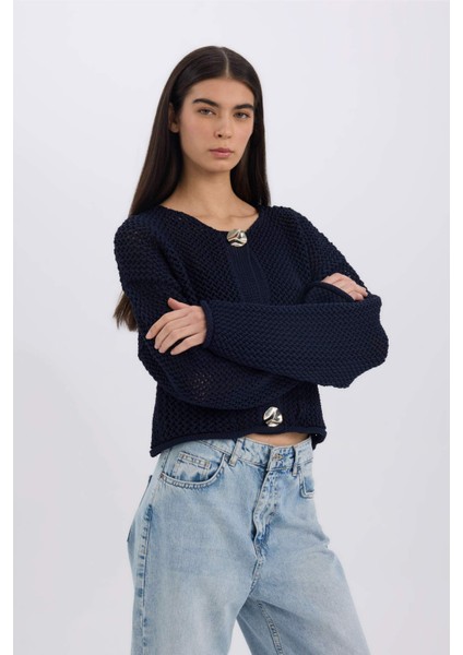 Relax Fit Bisiklet Yaka Düğmeli Örgü Desenli Triko Hırka E1962AX24WN