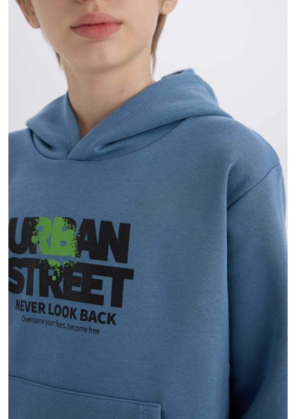 Erkek Çocuk Kapüşonlu Baskılı Cepli İçi Yumuşak Tüylü Sweatshirt D6211A824CW