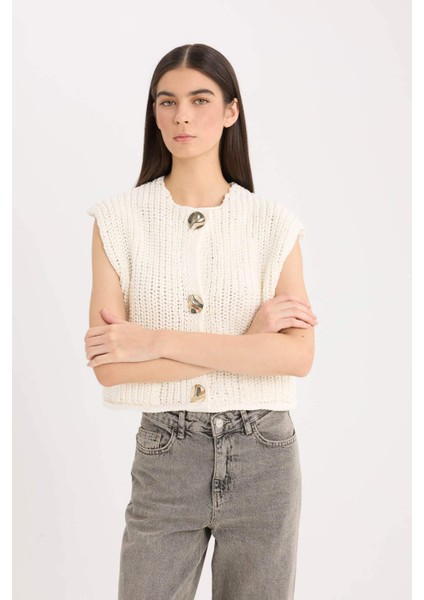 Relax Fit Düğmeli Cepli Triko Yelek E1960AX24WN