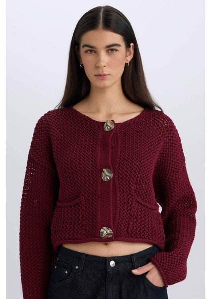 Relax Fit Bisiklet Yaka Düğmeli Örgü Desenli Triko Hırka E1962AX24WN