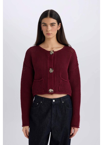 Relax Fit Bisiklet Yaka Düğmeli Örgü Desenli Triko Hırka E1962AX24WN