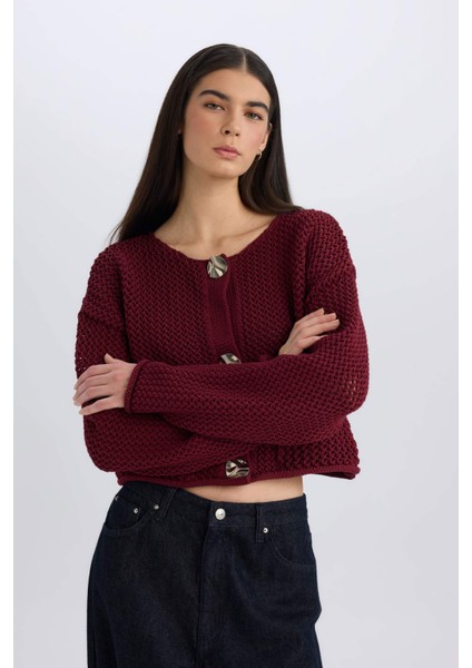 Relax Fit Bisiklet Yaka Düğmeli Örgü Desenli Triko Hırka E1962AX24WN