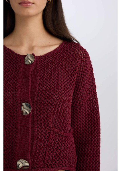 Relax Fit Bisiklet Yaka Düğmeli Örgü Desenli Triko Hırka E1962AX24WN