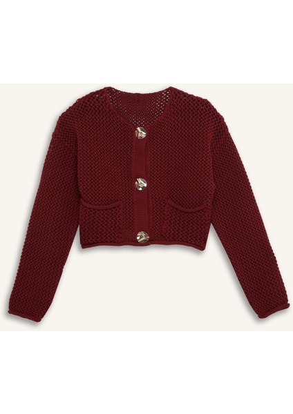 Relax Fit Bisiklet Yaka Düğmeli Örgü Desenli Triko Hırka E1962AX24WN