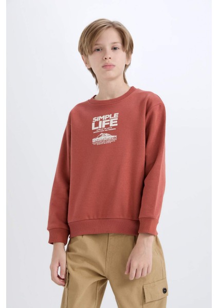 Erkek Çocuk Bisiklet Yaka Baskılı İçi Yumuşak Tüylü Sweatshirt D6209A824CW