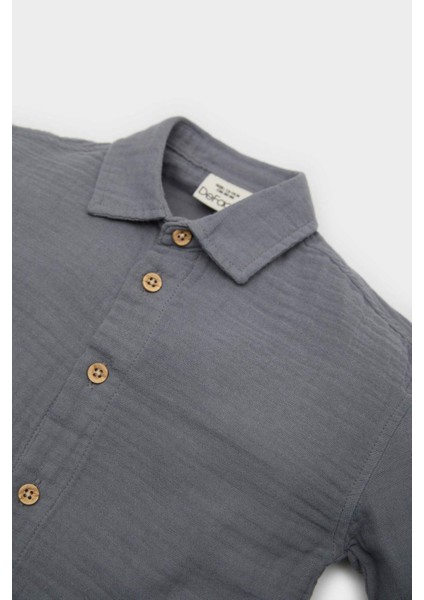 Erkek Bebek Dokuma Etiketli Müslin Uzun Kollu Gömlek