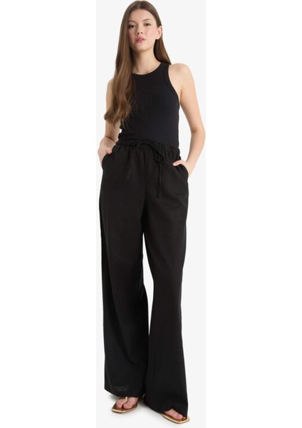 Wide Leg Çift Cepli Beli Lastikli Standart Boy Keten Karışımlı Siyah Pantolon E1981AX25SM