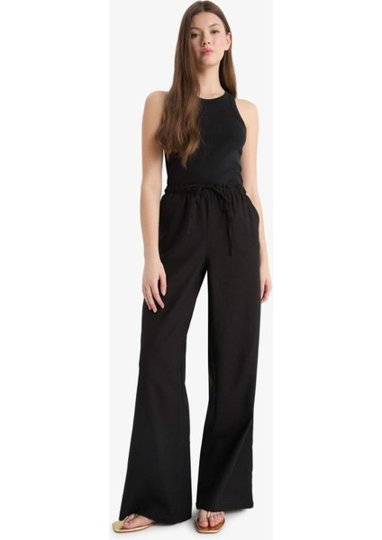 Wide Leg Çift Cepli Beli Lastikli Standart Boy Keten Karışımlı Siyah Pantolon E1981AX25SM