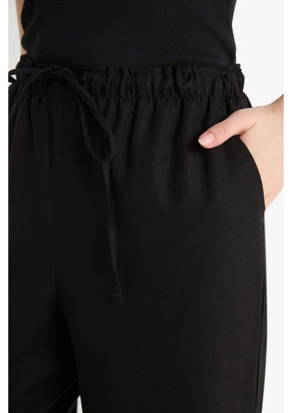 Wide Leg Çift Cepli Beli Lastikli Standart Boy Keten Karışımlı Siyah Pantolon E1981AX25SM