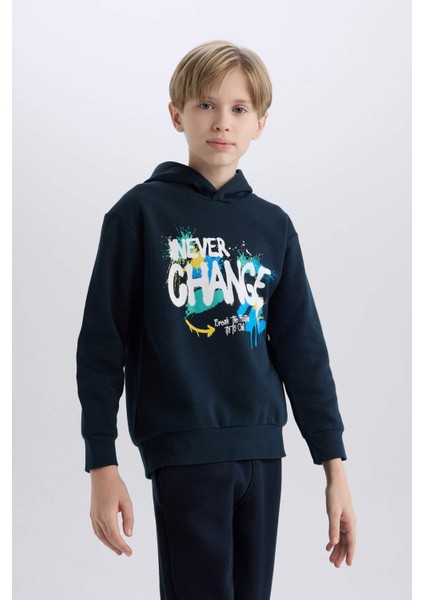 Erkek Çocuk Kapüşonlu Baskılı İçi Yumuşak Tüylü Sweatshirt D6218A824CW