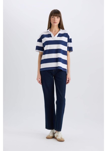 Relax Fit Çizgili Penye Kısa Kollu Tişört E2161AX25SP