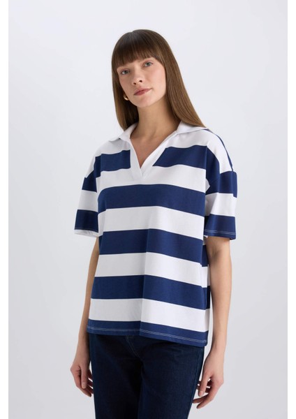 Relax Fit Çizgili Penye Kısa Kollu Tişört E2161AX25SP