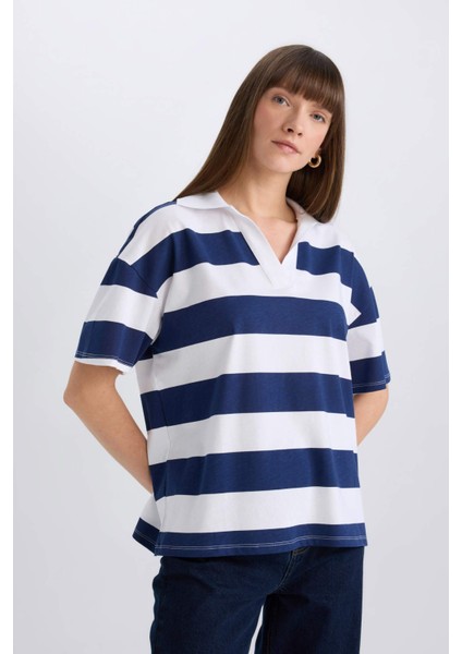 Relax Fit Çizgili Penye Kısa Kollu Tişört E2161AX25SP