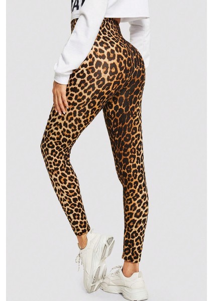 Kadın Leopar Desenli Yüksek Bel Dar Kesim Esnek Tayt fiyatları