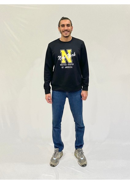 Erkek Bisiklet Yaka Rahat Kalıp 3 Iplik Kalın N Baskılı Sweatshirt SPR24SW25