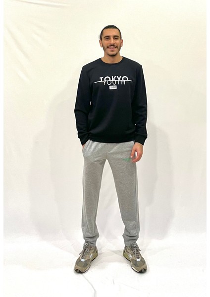 Erkek Bisiklet Yaka Rahat Kalıp 3 Iplik Kalın Tokyo Baskılı Sweatshirt SPR24SW30