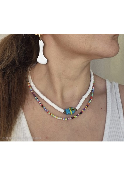 Boncuklu Kolye Seti 2li Pembe Mavi Kolye Balıklı Murano Camlı Kolye