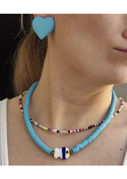 Boncuklu Kolye Seti 2li Pembe Mavi Kolye Balıklı Murano Camlı Kolye