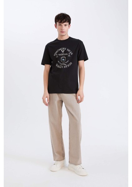 %100 Pamuk Regular Fit Bisiklet Yaka Baskılı Kısa Kollu Tişört E1329AX25SP