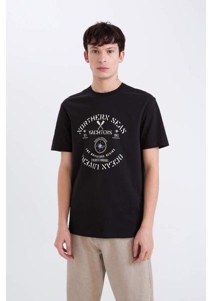 %100 Pamuk Regular Fit Bisiklet Yaka Baskılı Kısa Kollu Tişört E1329AX25SP