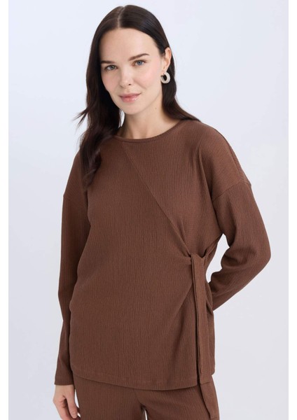 Regular Fit Bisiklet Yaka Bağlamalı Bürümcük Uzun Kollu Tişört E1800AX24WN