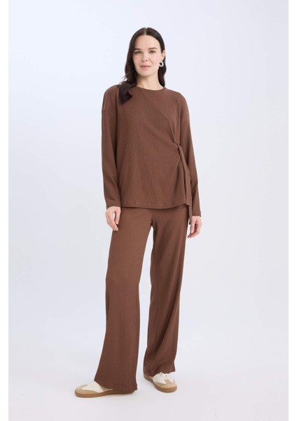 Regular Fit Bisiklet Yaka Bağlamalı Bürümcük Uzun Kollu Tişört E1800AX24WN